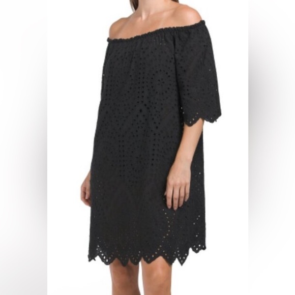Memory Made in Italy size small eyelet black dress off shoulder cotton - Picture 1 of 12